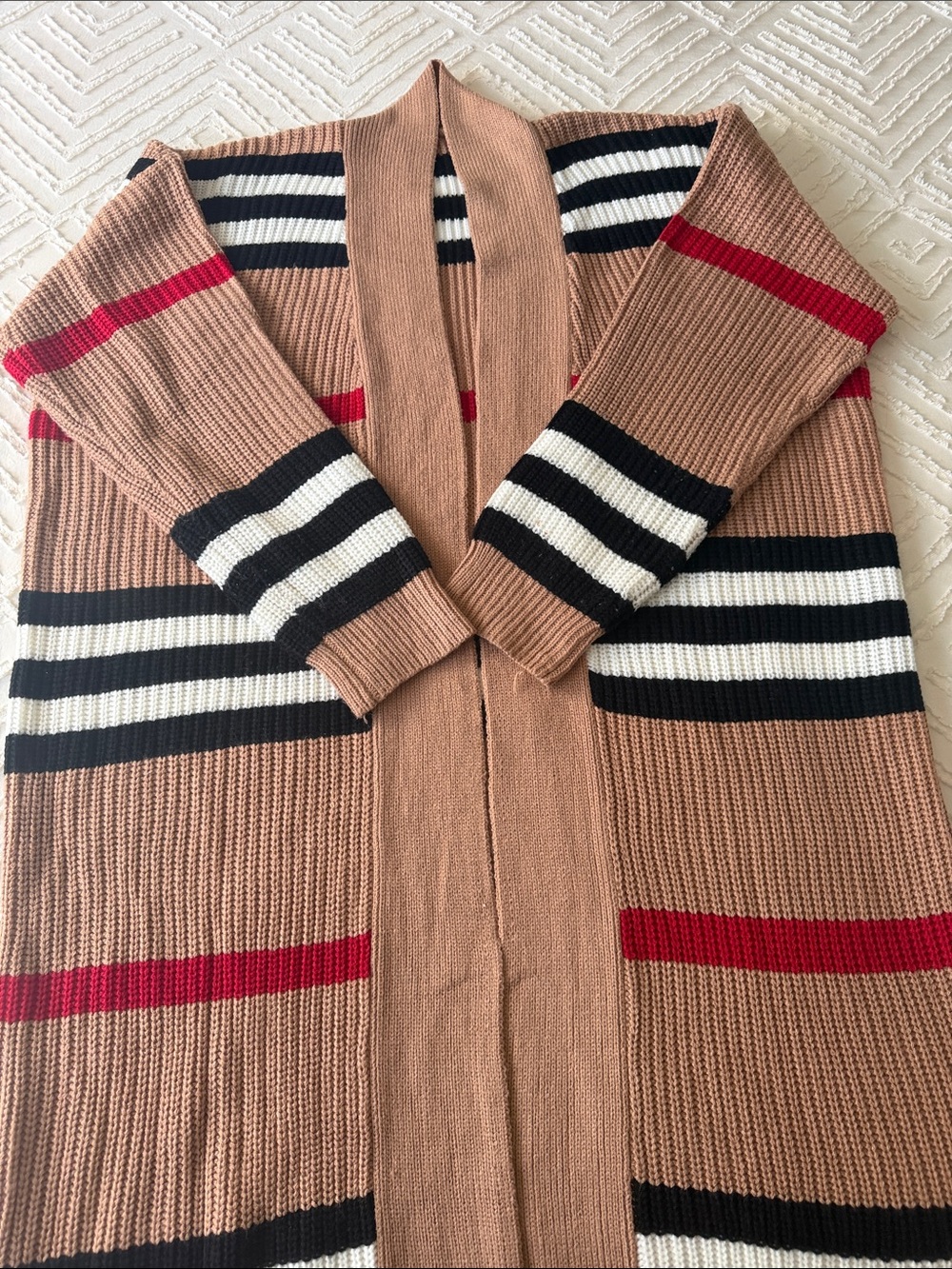 Source Unknown Camel Open-Front Cardigan with Black, White & Red Stripes